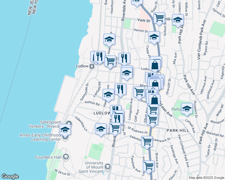 map of restaurants, bars, coffee shops, grocery stores, and more near 37 Purser Place in Yonkers