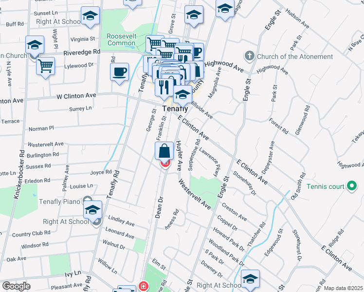 map of restaurants, bars, coffee shops, grocery stores, and more near 2 Valley Place in Tenafly