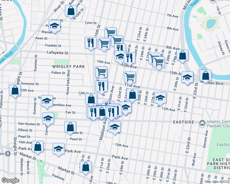 map of restaurants, bars, coffee shops, grocery stores, and more near 561 Madison Avenue in Paterson