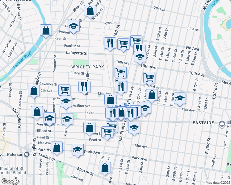 map of restaurants, bars, coffee shops, grocery stores, and more near 460 East 16th Street in Paterson