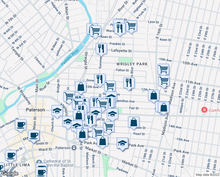 map of restaurants, bars, coffee shops, grocery stores, and more near 99 12th Avenue in Paterson