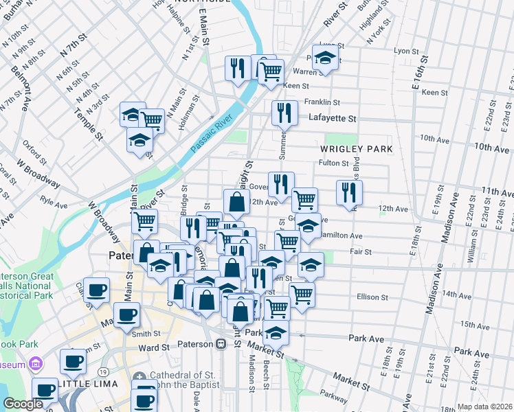 map of restaurants, bars, coffee shops, grocery stores, and more near 24 12th Avenue in Paterson