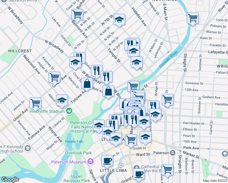 map of restaurants, bars, coffee shops, grocery stores, and more near 97 West Broadway in Paterson