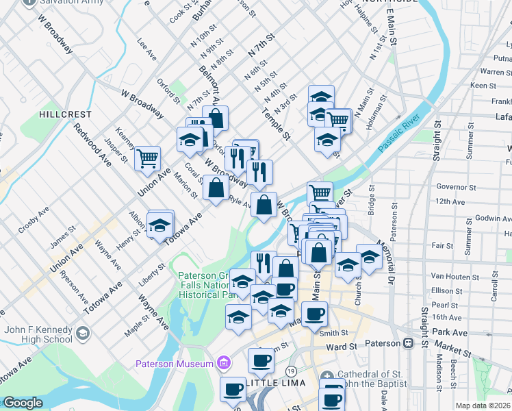 map of restaurants, bars, coffee shops, grocery stores, and more near 63 Ryle Avenue in Paterson