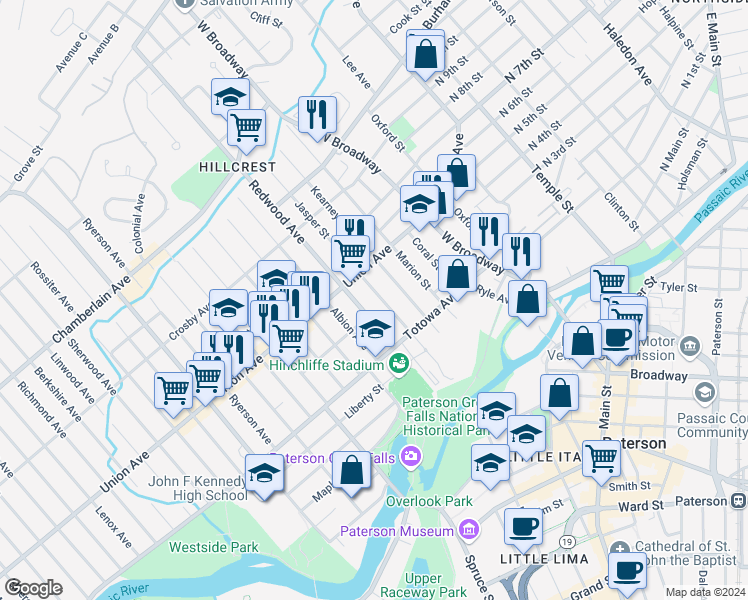 map of restaurants, bars, coffee shops, grocery stores, and more near 74 Jasper Street in Paterson