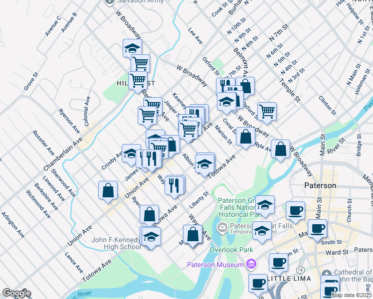 map of restaurants, bars, coffee shops, grocery stores, and more near 63 Redwood Avenue in Paterson