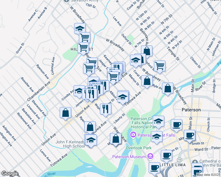 map of restaurants, bars, coffee shops, grocery stores, and more near 63 Redwood Avenue in Paterson