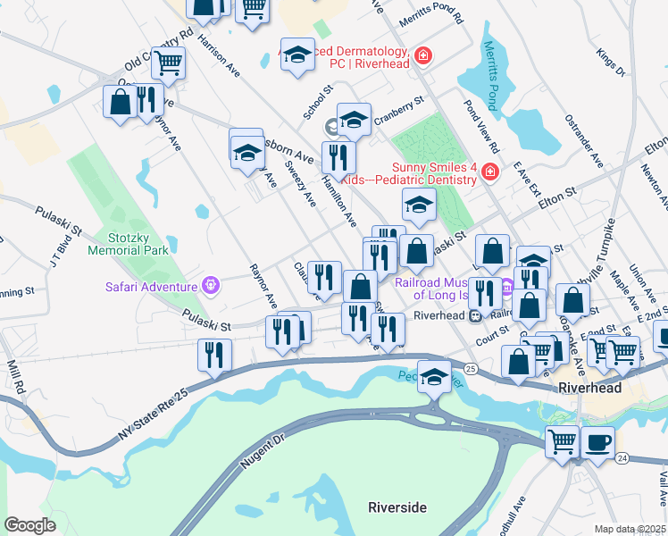 map of restaurants, bars, coffee shops, grocery stores, and more near 348 Marcy Avenue in Riverhead