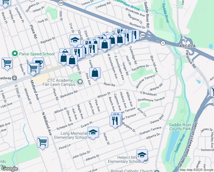 map of restaurants, bars, coffee shops, grocery stores, and more near 33-07 Ryan Road in Fair Lawn