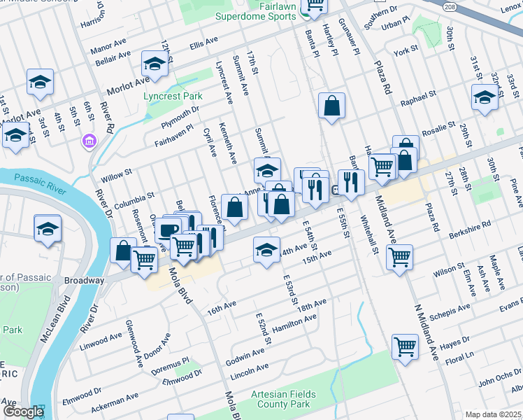 map of restaurants, bars, coffee shops, grocery stores, and more near 1-24 Lyncrest Avenue in Fair Lawn