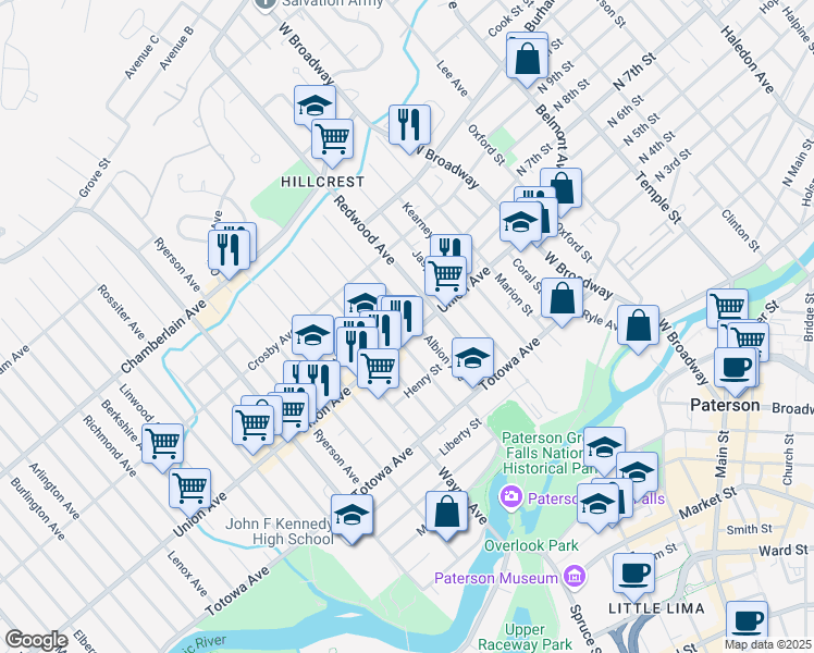 map of restaurants, bars, coffee shops, grocery stores, and more near 413 Union Avenue in Paterson