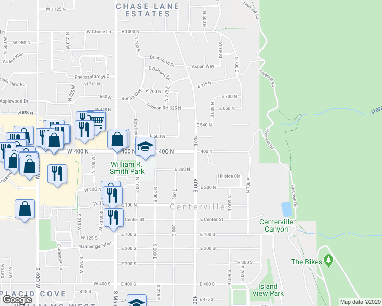 map of restaurants, bars, coffee shops, grocery stores, and more near 392 400 North in Centerville