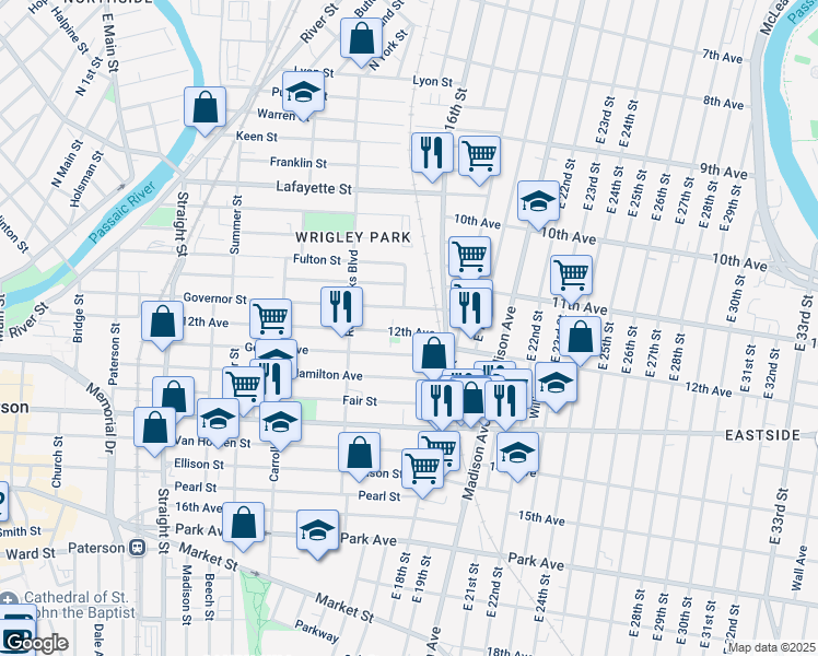 map of restaurants, bars, coffee shops, grocery stores, and more near 191 12th Avenue in Paterson