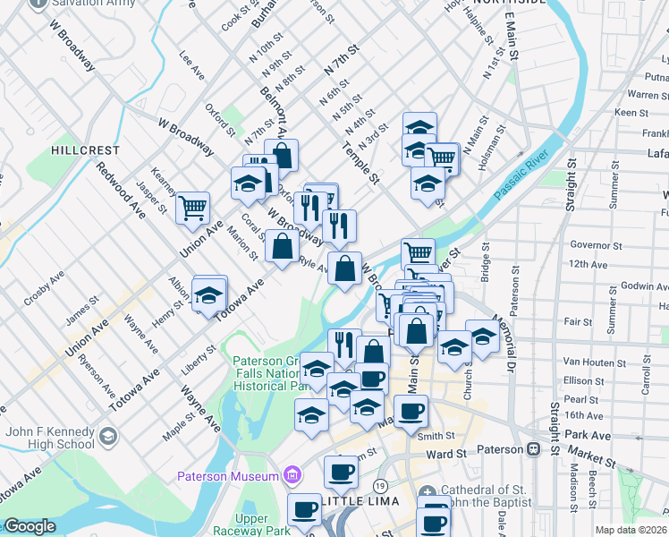 map of restaurants, bars, coffee shops, grocery stores, and more near 63 Ryle Avenue in Paterson