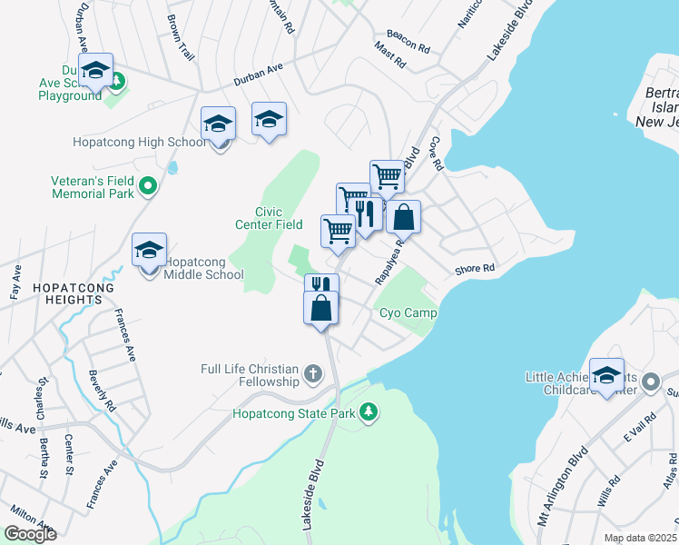 map of restaurants, bars, coffee shops, grocery stores, and more near 35 County Road 607 in Hopatcong