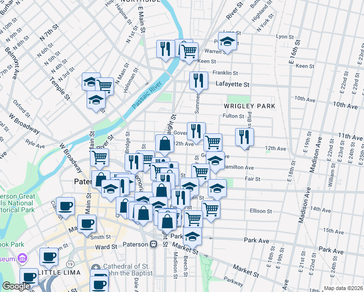 map of restaurants, bars, coffee shops, grocery stores, and more near 18 12th Avenue in Paterson