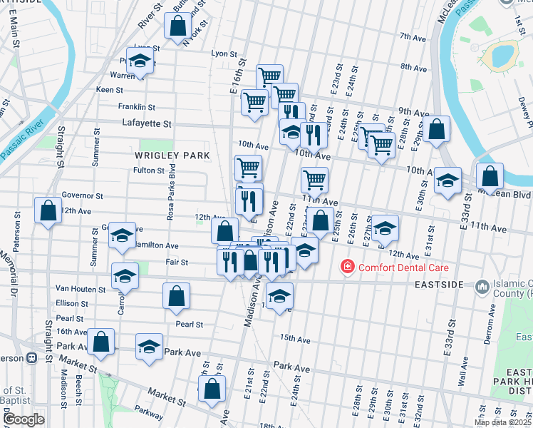 map of restaurants, bars, coffee shops, grocery stores, and more near 561 Madison Avenue in Paterson