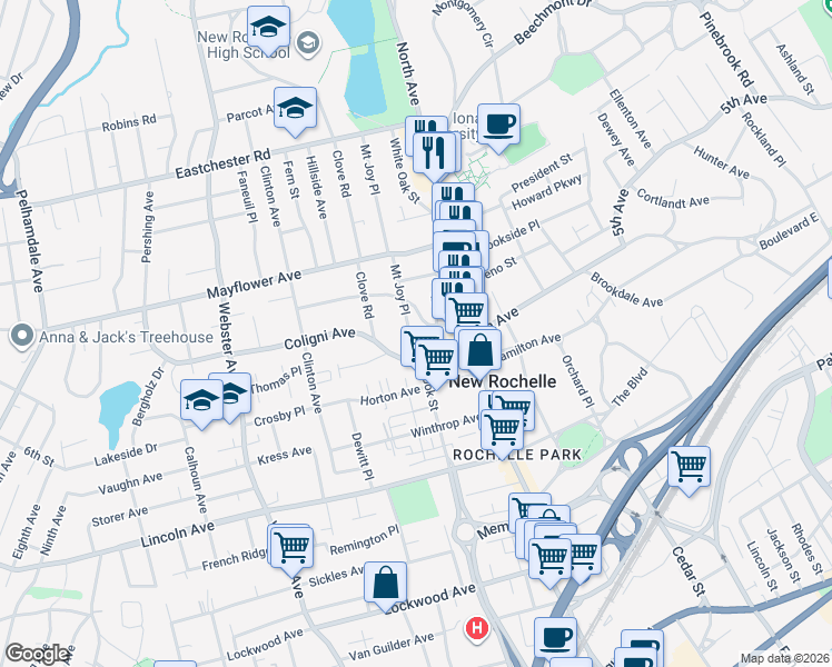 map of restaurants, bars, coffee shops, grocery stores, and more near 21 Mount Joy Place in New Rochelle
