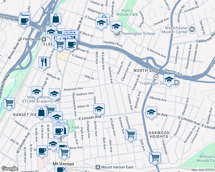 map of restaurants, bars, coffee shops, grocery stores, and more near 296 Summit Avenue in Mount Vernon