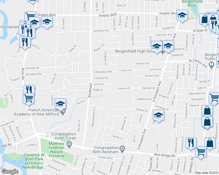 map of restaurants, bars, coffee shops, grocery stores, and more near 293 Ridge Street in New Milford