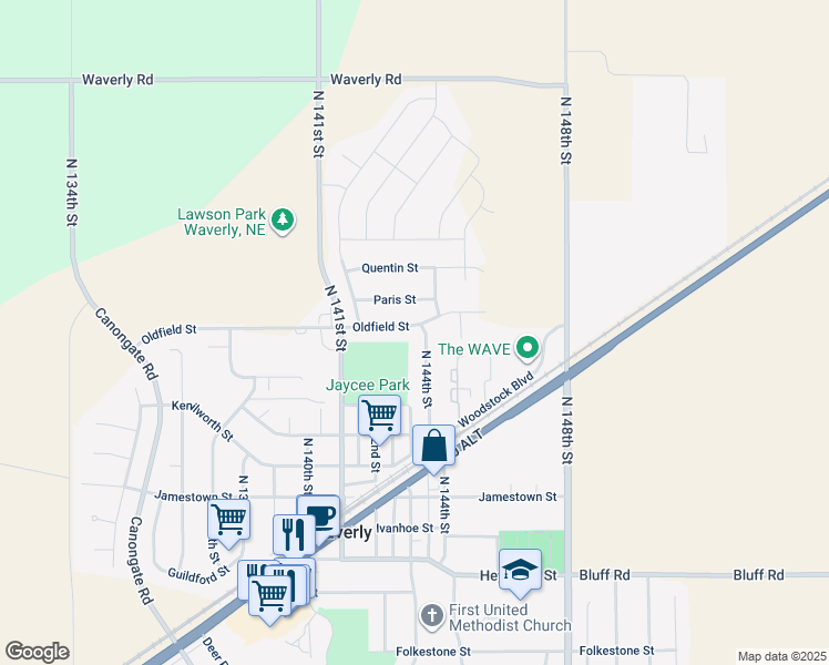 map of restaurants, bars, coffee shops, grocery stores, and more near 11281 North 144th Street in Waverly