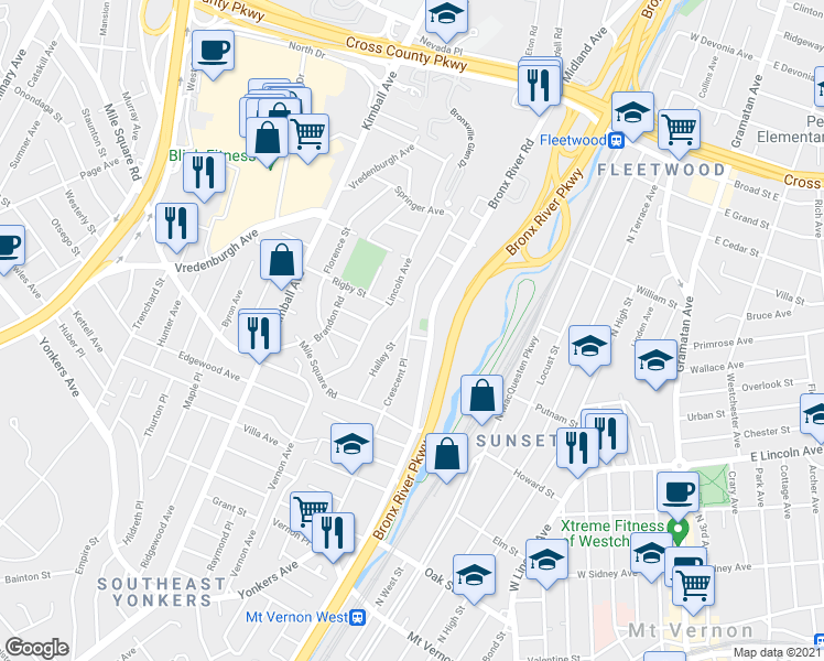 map of restaurants, bars, coffee shops, grocery stores, and more near 176 Crescent Place in Yonkers