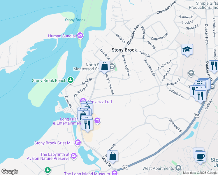 map of restaurants, bars, coffee shops, grocery stores, and more near 20 Stony Brook Avenue in Stony Brook