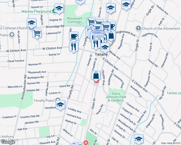 map of restaurants, bars, coffee shops, grocery stores, and more near 35 Franklin Street in Tenafly