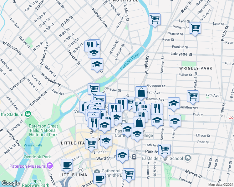 map of restaurants, bars, coffee shops, grocery stores, and more near 31 Bridge Street in Paterson