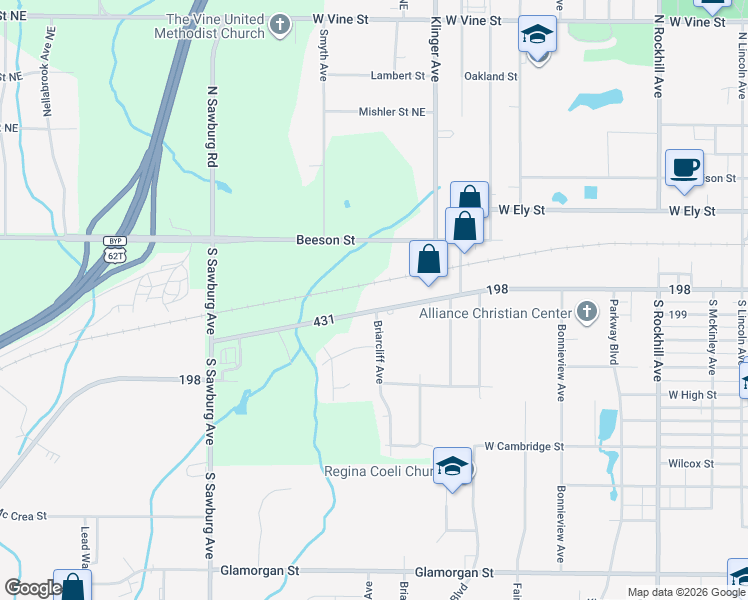 map of restaurants, bars, coffee shops, grocery stores, and more near 1421 W Main St in Alliance