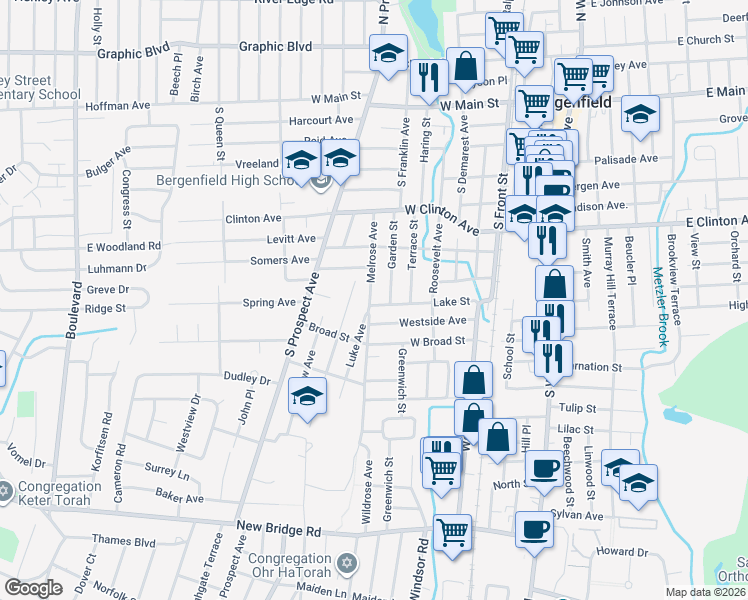 map of restaurants, bars, coffee shops, grocery stores, and more near 101 Lake Street in Bergenfield
