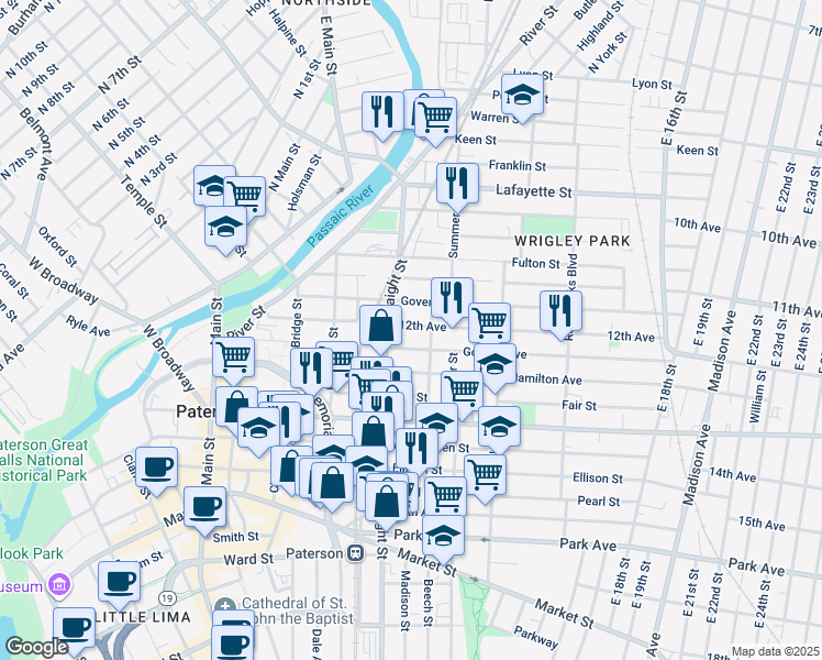 map of restaurants, bars, coffee shops, grocery stores, and more near 10 12th Avenue in Paterson