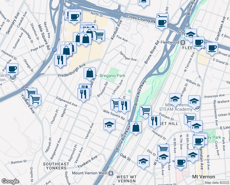 map of restaurants, bars, coffee shops, grocery stores, and more near 61 Lincoln Avenue in Yonkers