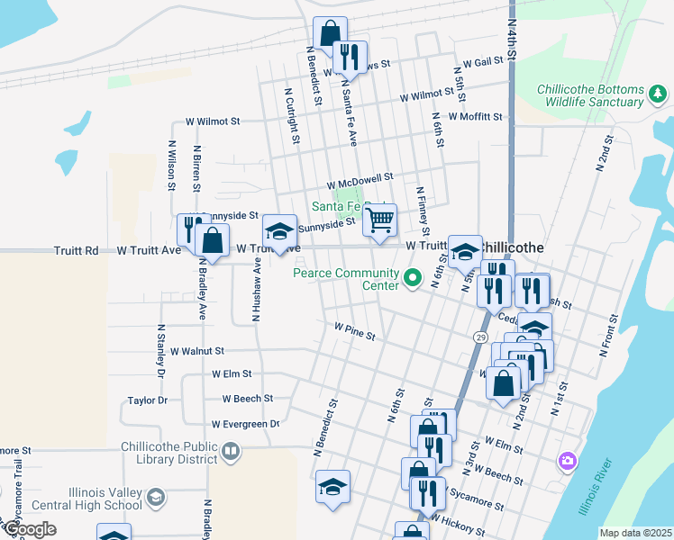 map of restaurants, bars, coffee shops, grocery stores, and more near 1209 N Benedict St in Chillicothe