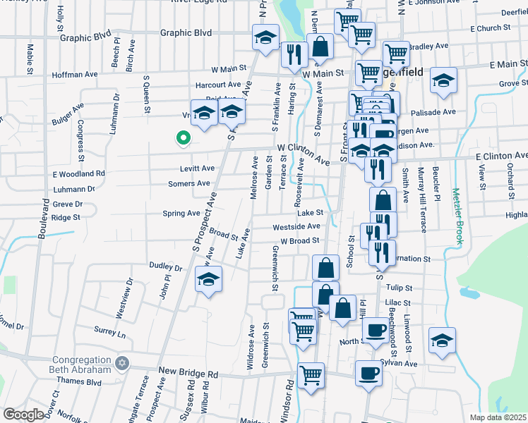 map of restaurants, bars, coffee shops, grocery stores, and more near 101 Lake Street in Bergenfield