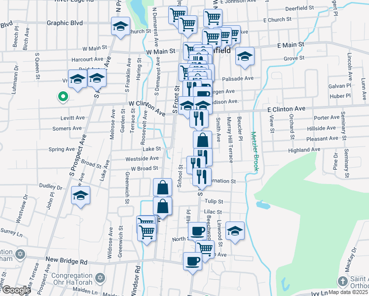 map of restaurants, bars, coffee shops, grocery stores, and more near 71 School Street in Bergenfield