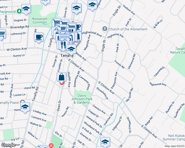 map of restaurants, bars, coffee shops, grocery stores, and more near 99 East Clinton Avenue in Tenafly