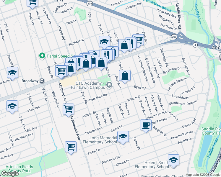 map of restaurants, bars, coffee shops, grocery stores, and more near 52 29th Street in Fair Lawn