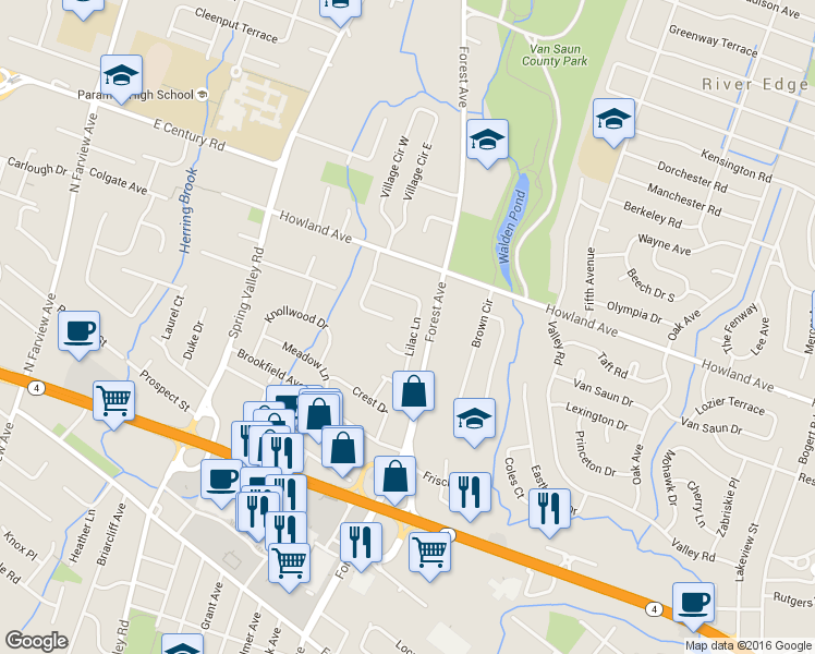 map of restaurants, bars, coffee shops, grocery stores, and more near 77 Lilac Lane in Paramus