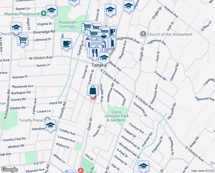 map of restaurants, bars, coffee shops, grocery stores, and more near 2 Valley Place in Tenafly