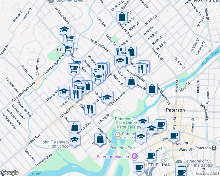 map of restaurants, bars, coffee shops, grocery stores, and more near 74 Jasper Street in Paterson