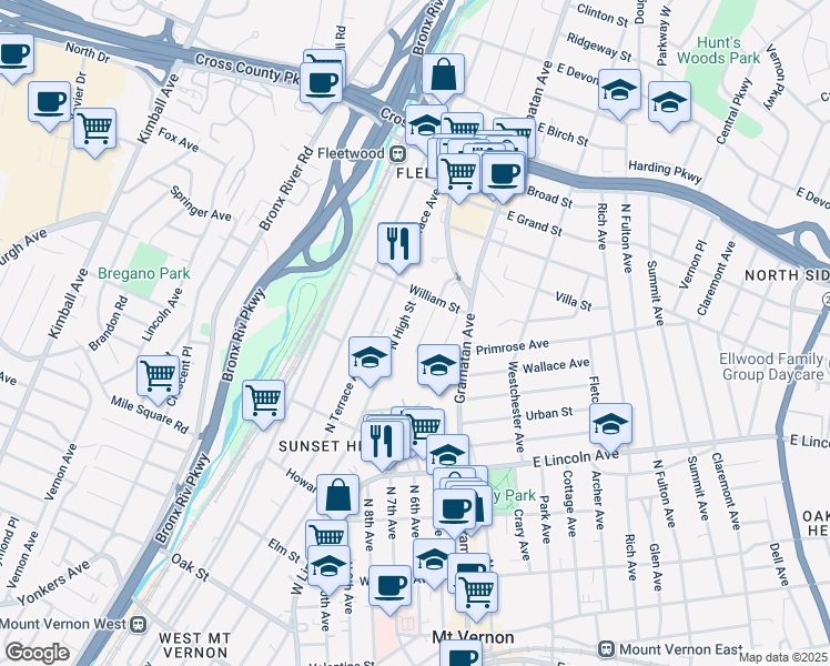 map of restaurants, bars, coffee shops, grocery stores, and more near 30 Linden Avenue in Mount Vernon