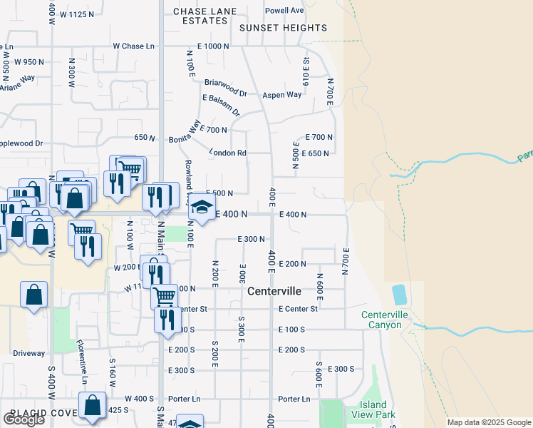 map of restaurants, bars, coffee shops, grocery stores, and more near 398 400 North in Centerville