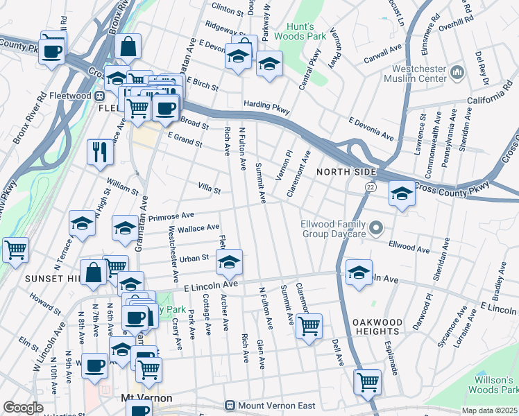 map of restaurants, bars, coffee shops, grocery stores, and more near 296 Summit Avenue in Mount Vernon