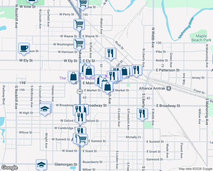 map of restaurants, bars, coffee shops, grocery stores, and more near 243 East Main Street in Alliance