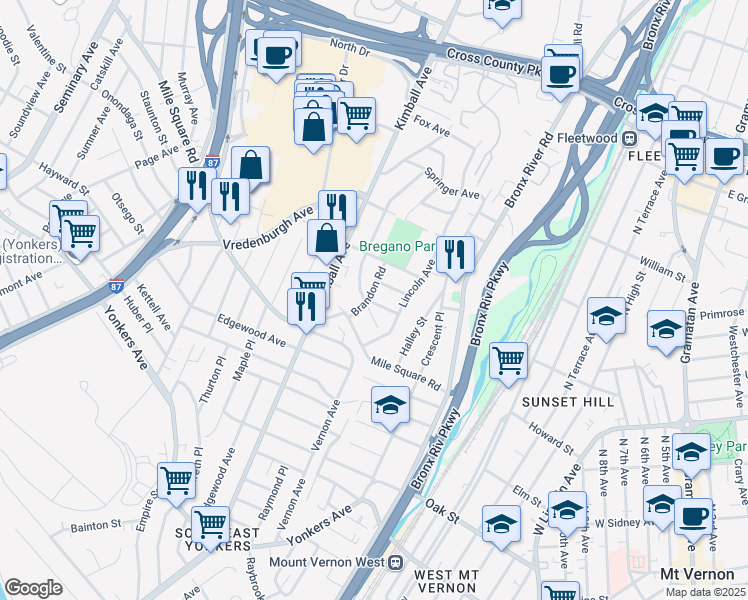 map of restaurants, bars, coffee shops, grocery stores, and more near 7 Virginia Street in Yonkers