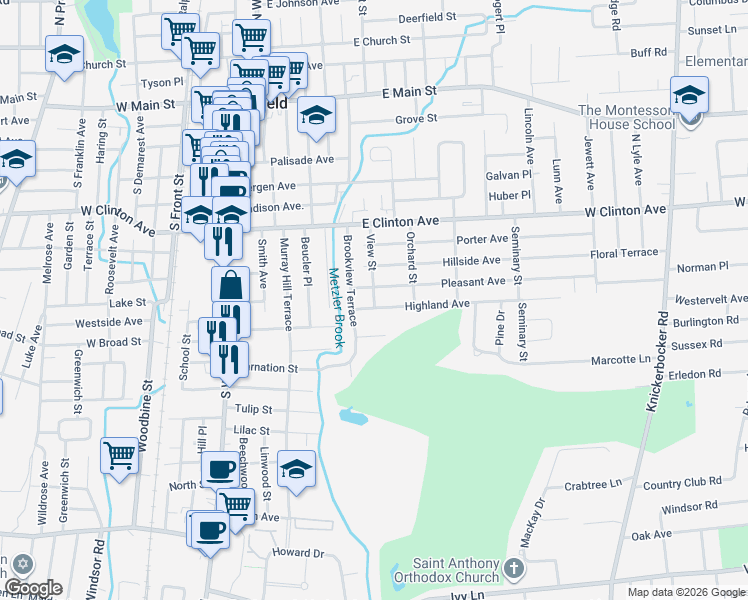 map of restaurants, bars, coffee shops, grocery stores, and more near 71 View Street in Bergenfield