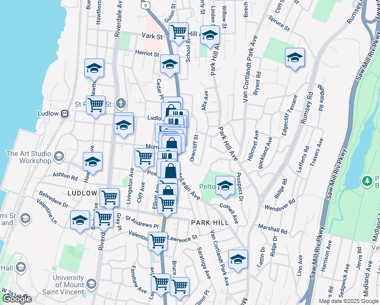 map of restaurants, bars, coffee shops, grocery stores, and more near 62 Park Hill Terrace in Yonkers