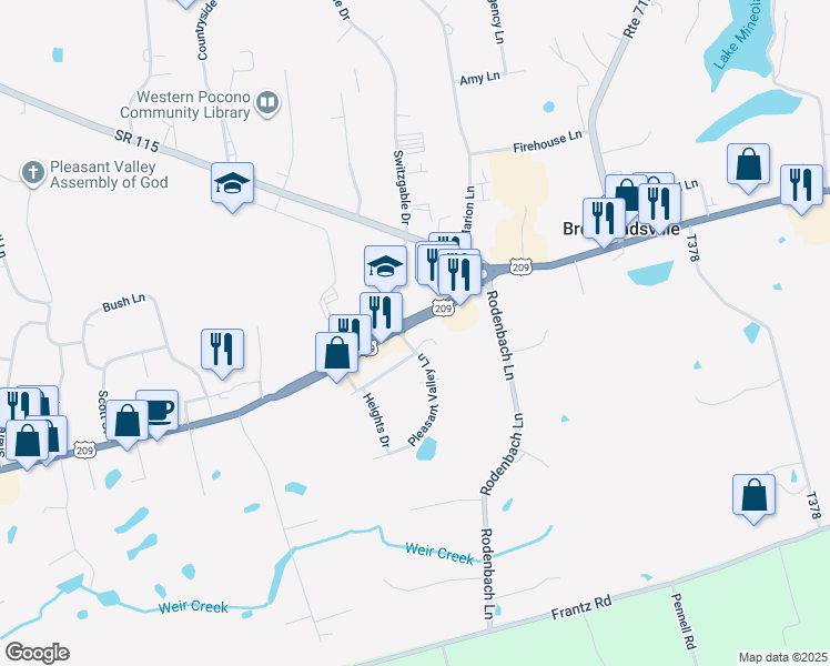 map of restaurants, bars, coffee shops, grocery stores, and more near 2705 Pleasant Valley Lane in Brodheadsville