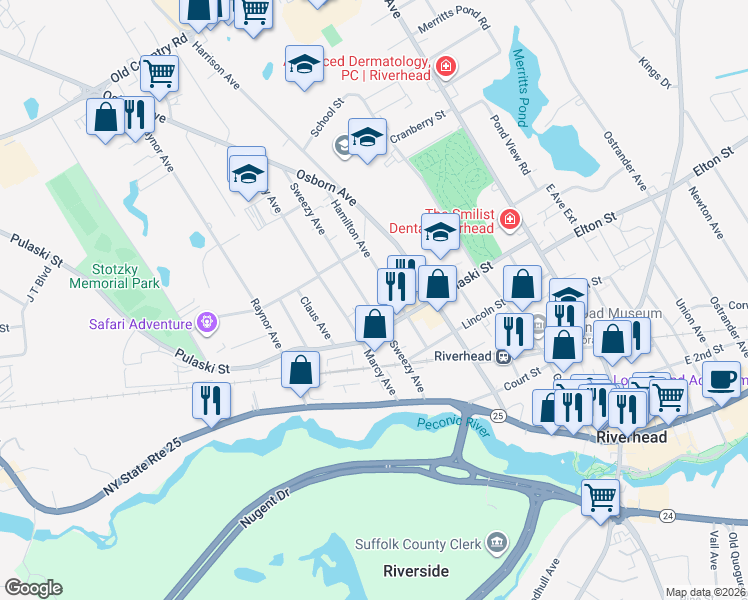 map of restaurants, bars, coffee shops, grocery stores, and more near 338 Sweezy Avenue in Riverhead